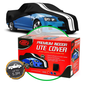 SAAS Car Cover Indoor Classic Ute Large 5.3m Black w/ White Stripes - SC1015