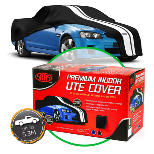 SAAS Car Cover Indoor Classic Ute Large 5.3m Black w/ White Stripes - SC1015