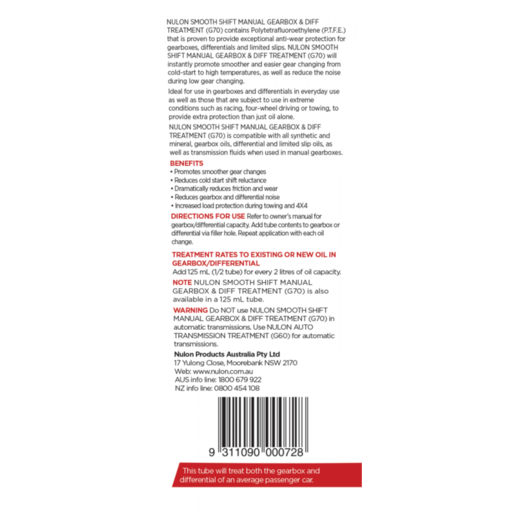 Nulon Smooth Shift Manual Gearbox and Diff Treatment 250ml
