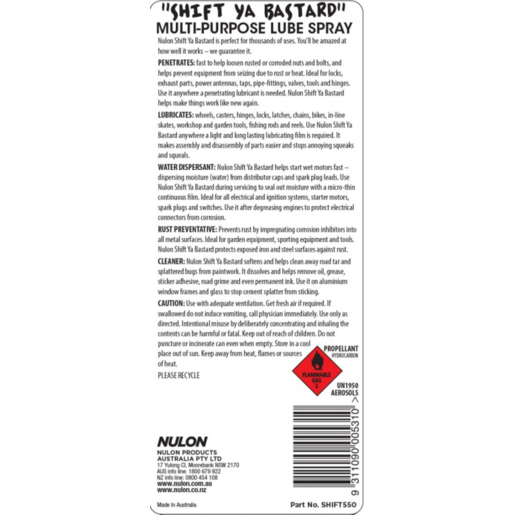 Nulon Shift Ya Bastard Multi-Purpose Lube Spray 400g